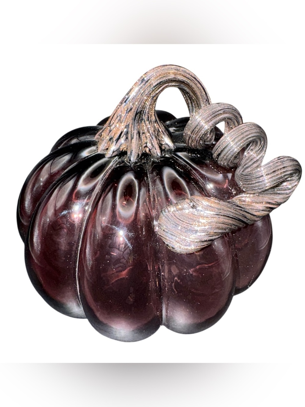 Hand-blown art glass pumpkin in deep amethyst with a metallic, spiraled stem
